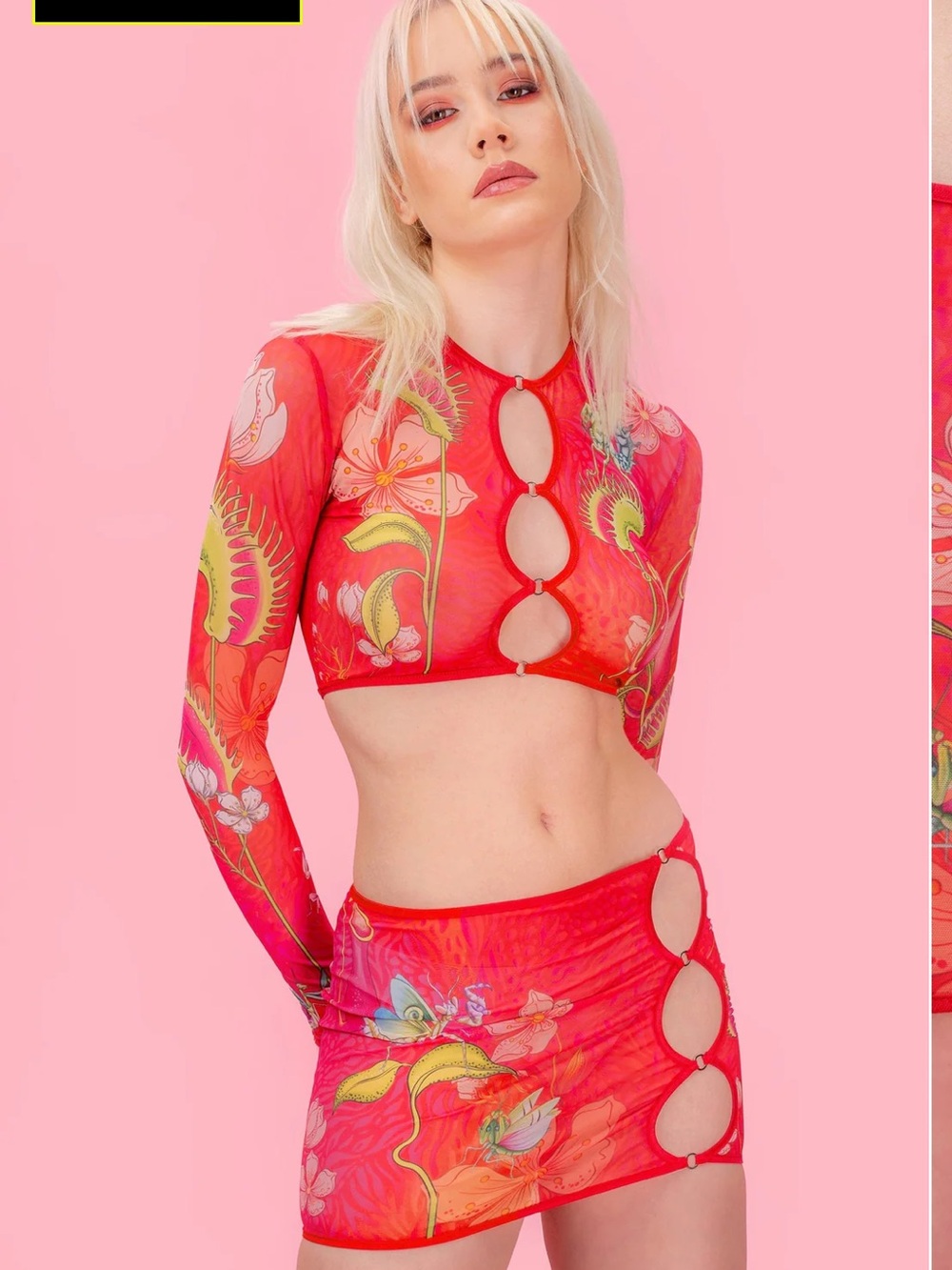 Badinka Predatora Mesh Red Floral Cutout Two-Piece Set
